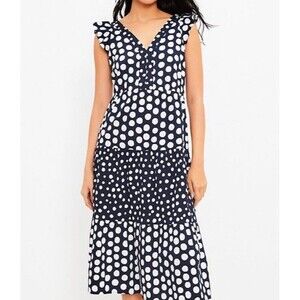 LOFT Navy White Polka Dot Midi Dress Ruffle Sleeve Euro Chic V-Neck S Elegant S